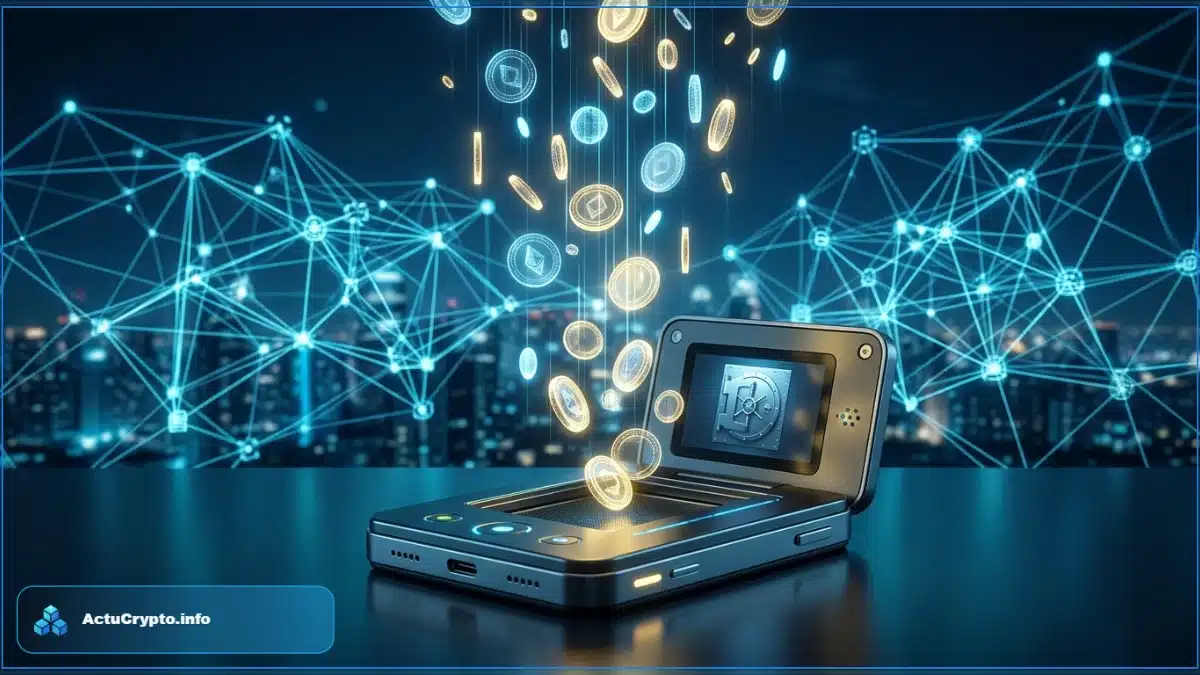 Pièces de cryptomonnaie lumineuses tombant dans un portefeuille numérique sécurisé sur fond de réseau blockchain futuriste