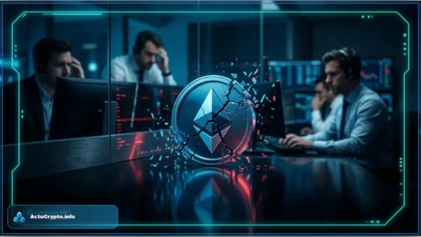 Piece Ethereum se brisant en eclats dans une salle de marche, symbolisant la crise des altcoins