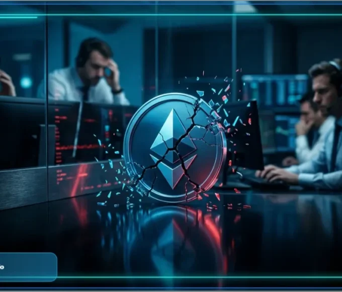 Piece Ethereum se brisant en eclats dans une salle de marche, symbolisant la crise des altcoins