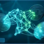 Illustration de trois pièces numériques connectées par un réseau neuronal lumineux représentant le secteur de la crypto IA avec Render, FET et SkyAI.