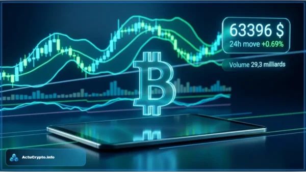 Graphique financier illustrant le cours Bitcoin à 63 396 dollars face à une résistance technique