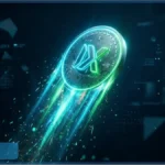 Jeton numérique DeXe s'envolant vers le haut avec des effets lumineux verts, symbolisant la hausse de 59 % du cours DEXE face au marché crypto.