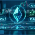 Interface futuriste affichant le logo Ethereum au centre. Des données holographiques indiquent un prix de 1660 $, une hausse de 1,57% et un volume de 15,9 milliards, avec des graphiques d'analyse technique en arrière-plan.