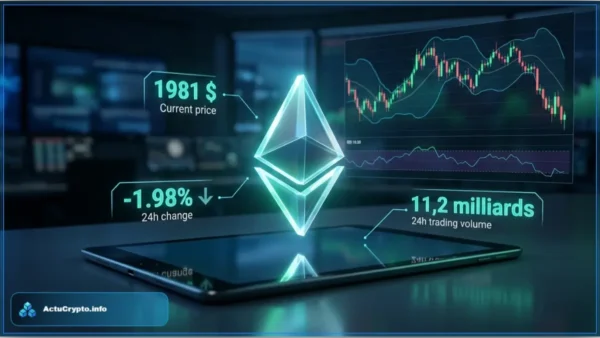 Image illustrant l'analyse technique du cours de l'Ethereum (ETH). On y voit le logo ETH au centre, avec des données clés affichées : un prix actuel de 1981 $, une baisse de -1.98% sur 24h, et un graphique en arrière-plan montrant la tension sur le marché crypto.