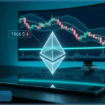 Logo d'Ethereum devant un écran affichant un graphique boursier du cours de l'ETH en baisse, illustrant la pression sur le support technique.