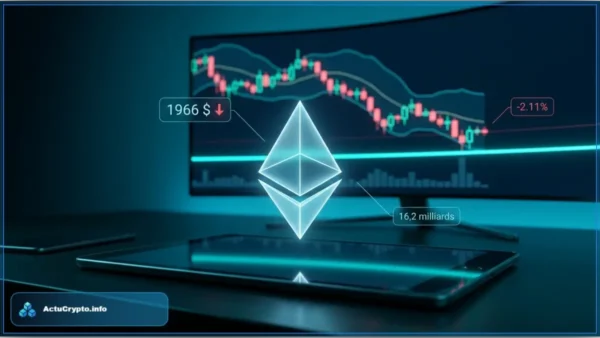 Logo d'Ethereum devant un écran affichant un graphique boursier du cours de l'ETH en baisse, illustrant la pression sur le support technique.