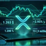 Logo XRP lumineux avec un graphique boursier affichant un prix de 1,263 dollars et une baisse de 2,95 %