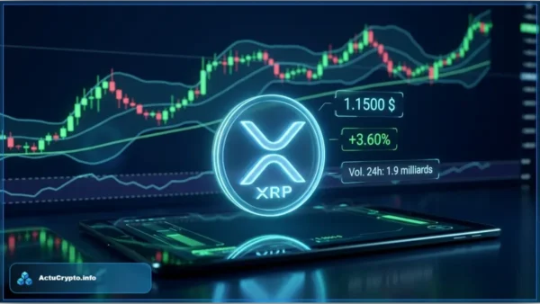 Graphique d'analyse technique montrant le cours du XRP en hausse de 3,60 % testant la résistance clé de 1,150 $