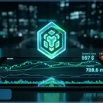 Graphique boursier sur une tablette montrant le cours de la crypto de Binance à 597 dollars avec des indicateurs techniques