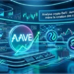 Interface futuriste affichant une analyse crypto DeFi avec les jetons Aave, Injective et Jito en hausse