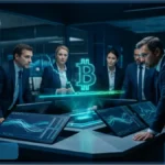 Des investisseurs institutionnels dans une salle de marché analysent un graphique lumineux du Bitcoin suite aux entrées sur l'ETF Bitcoin.