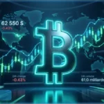 Symbole Bitcoin lumineux devant des graphiques financiers illustrant la baisse du marché crypto vers 62 000 dollars