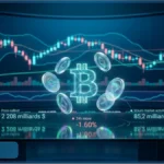 Graphique virtuel du marché crypto affichant les symboles Bitcoin et Ethereum avec des courbes de prix et de volume