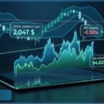 Graphique holographique montrant l'analyse du marché crypto avec la capitalisation totale à 2.04T$, une baisse de 0.50% et un volume de 94.02B$ sur 24h, illustrant la volatilité et la peur ambiante.