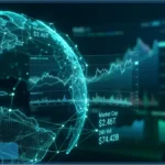 Infographie montrant la capitalisation du marché crypto mondial à 2,46T$ avec un globe terrestre numérique et des graphiques financiers en arrière-plan.