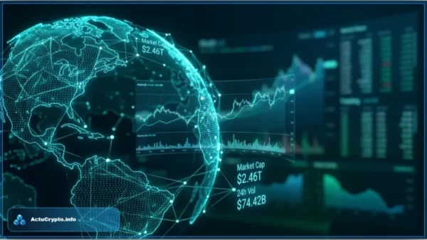 Infographie montrant la capitalisation du marché crypto mondial à 2,46T$ avec un globe terrestre numérique et des graphiques financiers en arrière-plan.