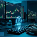 Un trader analyse des graphiques boursiers du marché crypto sur plusieurs écrans, illustrant la pression vendeuse et la volatilité du Bitcoin.