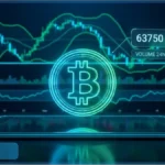 Graphique virtuel affichant le logo Bitcoin lumineux avec un prix de 63 750 dollars et des courbes de trading vertes en arrière-plan