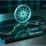 Graphique boursier sur une tablette montrant le prix du Cardano ADA en baisse à 0,1675 dollar