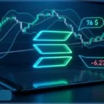 Logo de la crypto Solana (SOL) devant un graphique boursier affichant une chute de prix de -6,27% à 76 dollars.