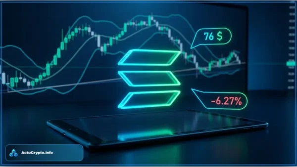 Logo de la crypto Solana (SOL) devant un graphique boursier affichant une chute de prix de -6,27% à 76 dollars.