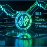 Logo lumineux de Hyperliquid HYPE devant des graphiques de trading affichant un prix de 56 dollars