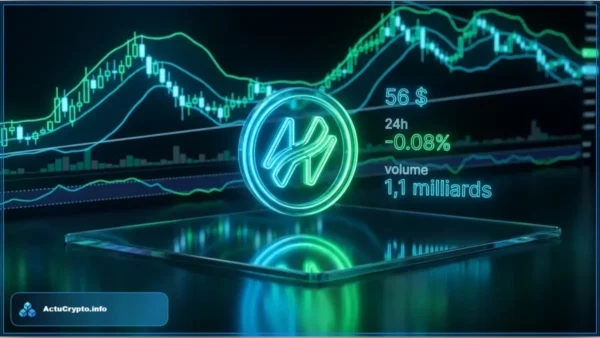Logo lumineux de Hyperliquid HYPE devant des graphiques de trading affichant un prix de 56 dollars