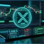 Logo lumineux du XRP affichant un prix de 1,11 dollar et une baisse de 5,35 % sur un écran d'analyse technique
