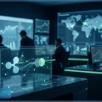 Centre d'opérations financières futuriste avec le logo de Ripple (XRP) sur un écran transparent. En arrière-plan, des analystes surveillent des graphiques, symbolisant l'adoption institutionnelle par des acteurs comme Mastercard.