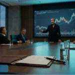 Un dirigeant d'entreprise en costume, représentant la direction de MicroStrategy, en pleine réflexion lors d'une réunion stratégique sur le Bitcoin. En arrière-plan, un grand écran affiche le cours du BTC.