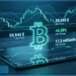 Graphique boursier et logo Bitcoin lumineux sur une tablette affichant un prix de 59 945 dollars