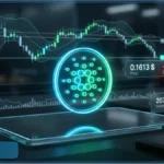 Logo lumineux du Cardano ADA devant un graphique financier affichant une baisse de prix
