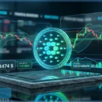 Logo Cardano en 3D avec des graphiques de trading et le prix a 0.1474 dollar