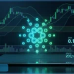 Logo lumineux de Cardano au-dessus d'une tablette avec un graphique de trading affichant un prix de 0,1477 dollar