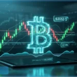 Hologramme du logo Bitcoin affichant le cours Bitcoin à 63053 dollars sur un graphique d'analyse technique
