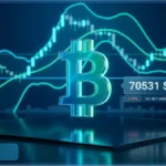 Logo Bitcoin devant un graphique boursier montrant la chute du cours à 70 531 $, illustrant la pression vendeuse sur le marché crypto.
