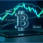 Logo Bitcoin devant un graphique d'analyse technique montrant le cours du BTC en baisse et des indicateurs de marché.