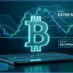 Graphique d'analyse technique du Bitcoin (BTC) montrant le cours à 63 709 $ en baisse, avec le logo BTC au premier plan.