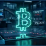 Illustration conceptuelle de l'analyse technique du Bitcoin : un symbole BTC holographique flotte au-dessus d'un graphique en chandeliers rouges, symbolisant la pression sur un support critique.