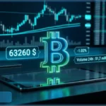 Graphique d'analyse technique illustrant le cours du Bitcoin avec le logo BTC et des indicateurs de prix, de variation et de volume.