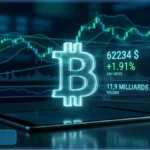 Graphique d'analyse technique du cours Bitcoin affichant 62 234 dollars sur un écran numérique