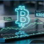 Tablette numerique affichant un graphique financier et le cours Bitcoin a 63 059 dollars en neon bleu