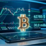 Hologramme du logo Bitcoin au-dessus d'une tablette, avec un graphique d'analyse technique du cours du BTC en arrière-plan affichant le prix de 62 785 dollars.