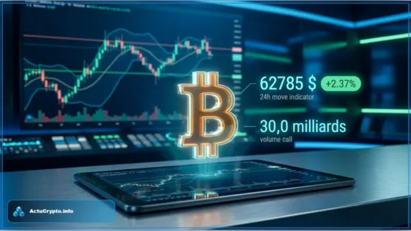 Hologramme du logo Bitcoin au-dessus d'une tablette, avec un graphique d'analyse technique du cours du BTC en arrière-plan affichant le prix de 62 785 dollars.