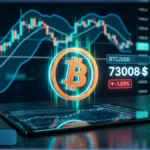 Graphique d'analyse technique illustrant le cours Bitcoin (BTC) sous pression, avec le prix affiché à 73 008 $ sur un écran de trading.