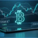 Illustration du cours du Bitcoin (BTC) montrant une analyse technique sur un graphique en chandeliers, avec le logo Bitcoin au centre et des données de prix.