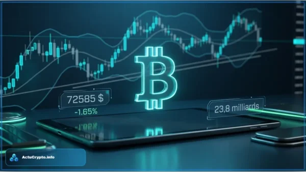 Illustration du cours du Bitcoin (BTC) montrant une analyse technique sur un graphique en chandeliers, avec le logo Bitcoin au centre et des données de prix.