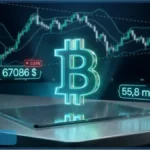 Illustration de l'analyse technique du cours Bitcoin avec le logo BTC en 3D devant un graphique boursier indiquant une situation de survente.