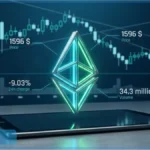 Logo de la crypto Ethereum devant un graphique boursier en baisse, illustrant une analyse technique du cours de l'ETH.