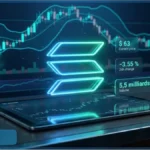 Illustration de l'analyse technique de la crypto Solana (SOL). On voit le logo de Solana flottant au-dessus d'une tablette affichant un graphique financier. En arrière-plan, un graphique boursier montre l'évolution du cours et des indicateurs techniques.